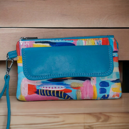 Aqua Blue Flap and Abstract Wristlet