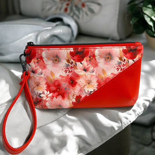 Red and Flowers Handcrafted Wristlet