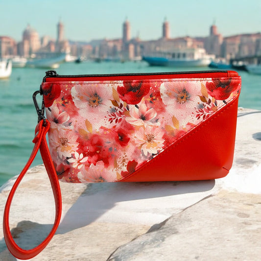 Red and Flowers Handcrafted Wristlet