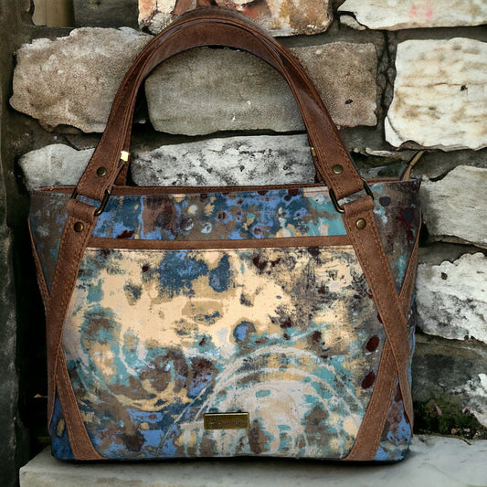 Blue and Tan Abstract Print Handbag