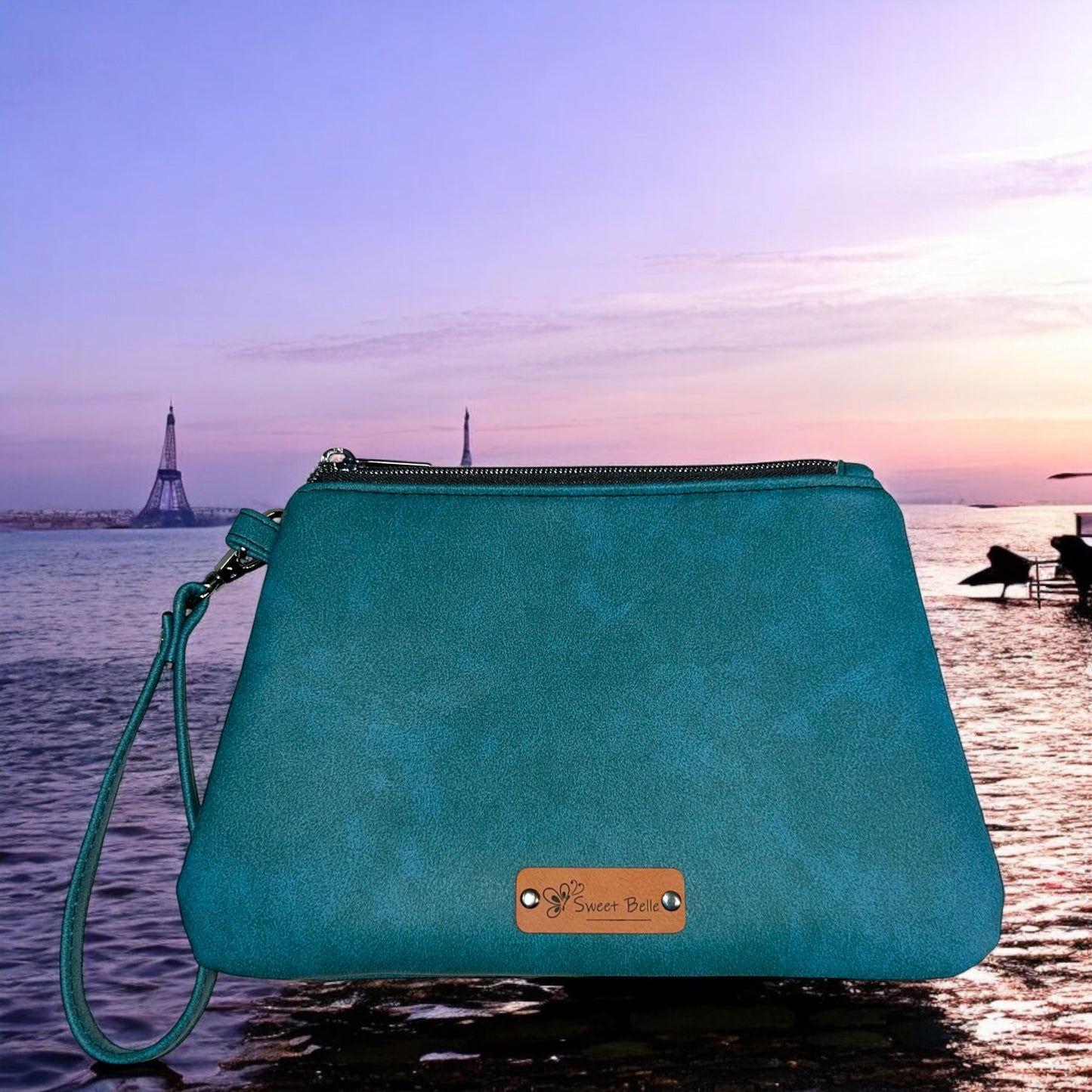 Turquoise Ostrich Curved Wristlet