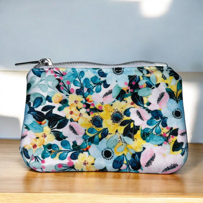 Aqua and Pink Flowers Coin Pouch (small zipper pouch)