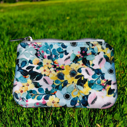 Aqua and Pink Flowers Coin Pouch (small zipper pouch)