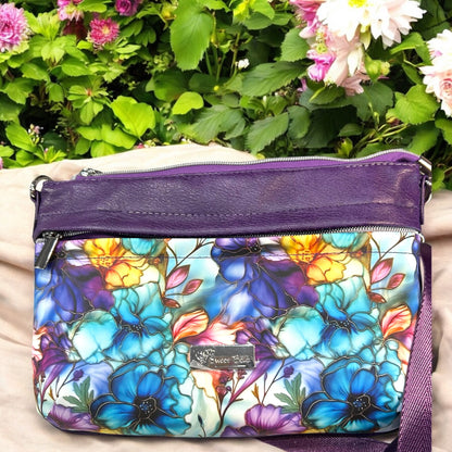 Flowers and Purple Starburn Crossbody Bag