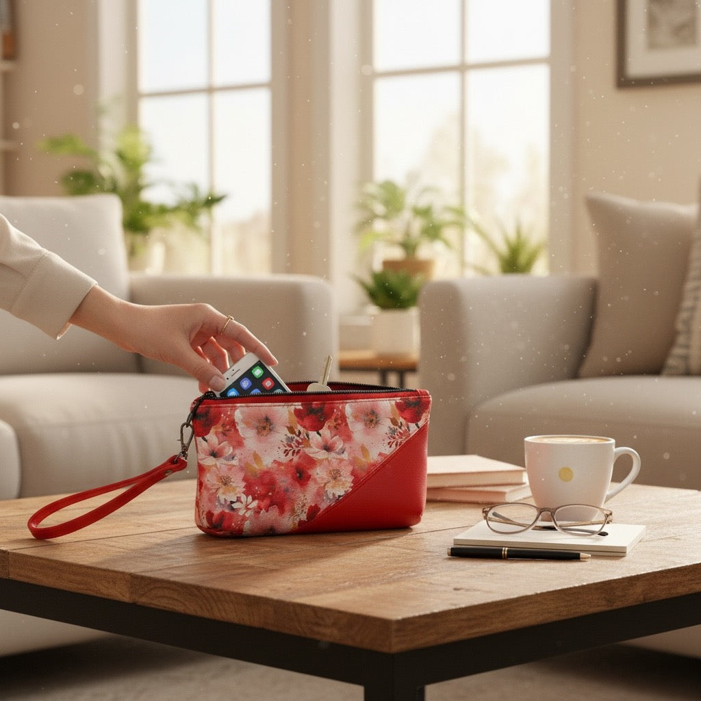 Red and Flowers Handcrafted Wristlet