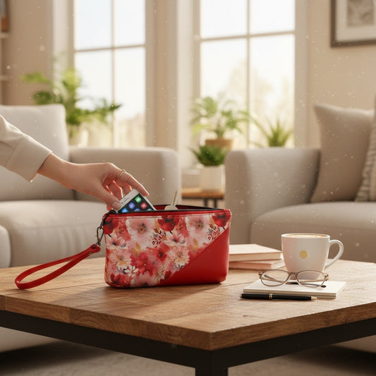 Red and Flowers Handcrafted Wristlet